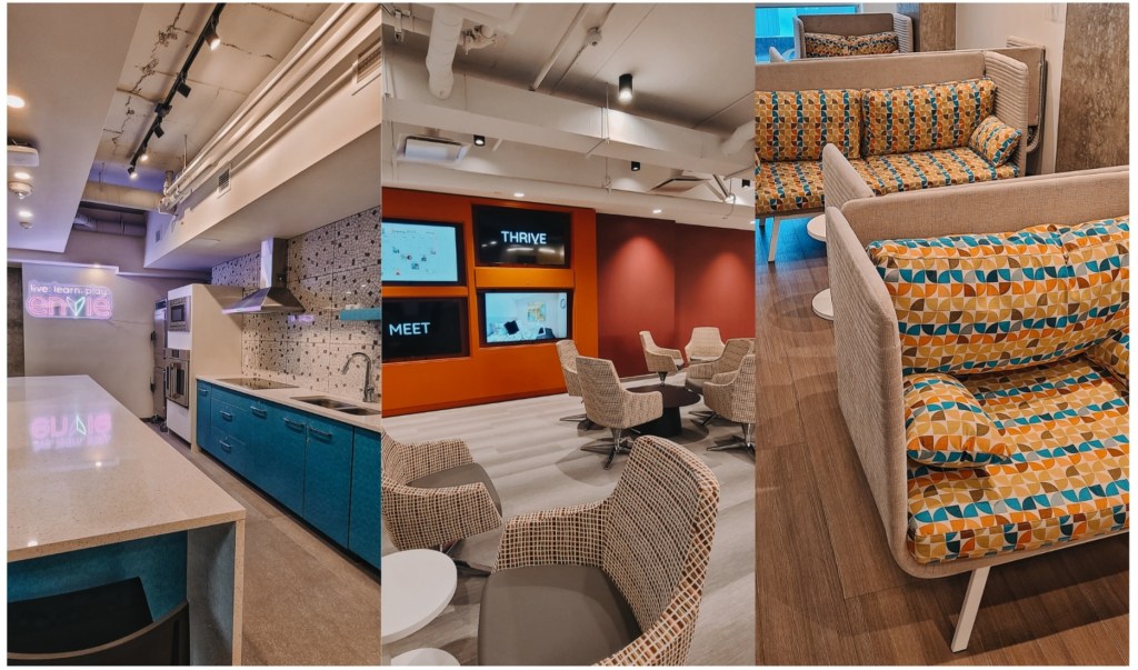 Three images are side by side. The first on the left shows a neon Envie sign behind ample counter space and full kitchen. Second image in the middle is  a lounge area with comfy chairs with a wall of TV screens for game nights. Third image is a row of spacious comfy lounge chairs